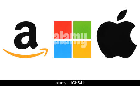 Kiev, Ukraine - November 21, 2016: Collection of popular internet companies logos printed on paper: Amazon, Microsoft and Apple Stock Photo
