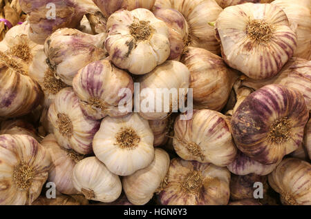 many braids of garlic cloves for sale in greengrocers Stock Photo