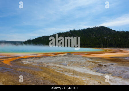 Famous trail of Grand Prismatic Springs in Yellowstone National Park. Beautiful  hot springs with vivid color in Wyoming.
