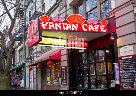 FanTan Cafe Chinese restaurant neon sign in Chinatown neighbourhood of Victoria, BC, Canada. Stock Photo