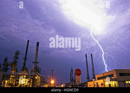 Thunder and lightning storm at the now demolished Coryton Refinery, Essex, UK Stock Photo