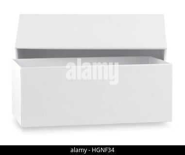 Open white rectangular cardboard box with lid isolated on white background Stock Photo
