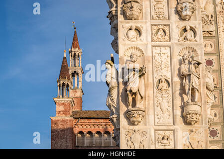 Awesome marble statues from the Renaissance period of the Pavia Carthusian monastery at sunset,Italy. Stock Photo