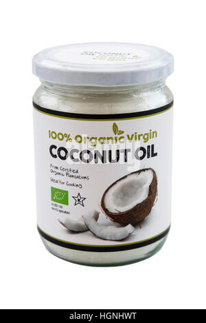 Jar of 100% organic virgin Coconut Oil cut out and isolated on a white background. England UK Britain Stock Photo
