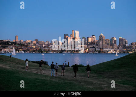 View of the Seattle skyline across Lake Union from Gasworks Park. Stock Photo