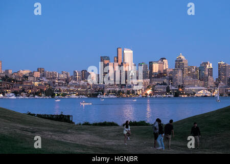 View of the Seattle skyline across Lake Union from Gasworks Park. Stock Photo