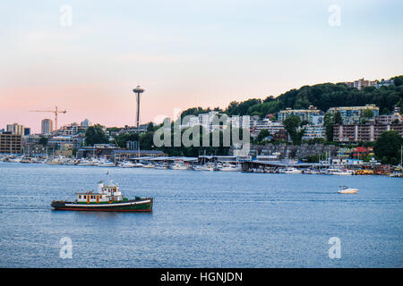 View of the Seattle skyline across Lake Union from Gasworks Park. Stock Photo