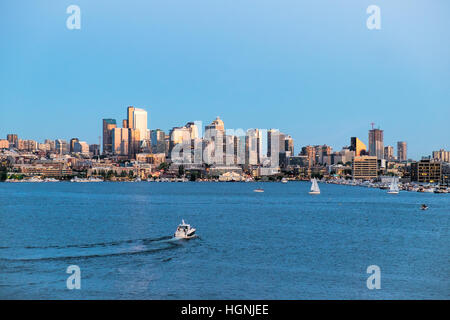 View of the Seattle skyline across Lake Union from Gasworks Park. Stock Photo