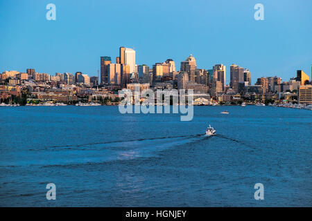 View of the Seattle skyline across Lake Union from Gasworks Park. Stock Photo