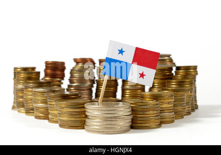 Panama flag waving with stack of money coins Stock Photo