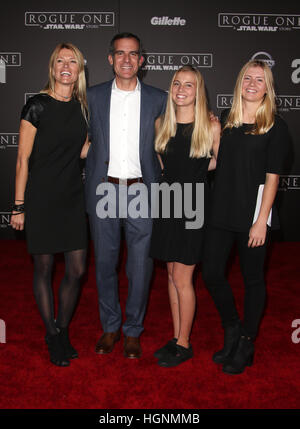 Eric Garcetti, Amy Wakeland and Maya Juanita Garcetti attending the premiere of Walt Disney Pictures and Lucasfilm's 'Rogue One: A Star Wars Story' at the Pantages Theatre in Hollywood, California.  Featuring: Eric Garcetti, Amy Wakeland, Maya Juanita Gar Stock Photo