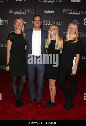 Eric Garcetti, Amy Wakeland and Maya Juanita Garcetti attending the premiere of Walt Disney Pictures and Lucasfilm's 'Rogue One: A Star Wars Story' at the Pantages Theatre in Hollywood, California.  Featuring: Eric Garcetti, Amy Wakeland, Maya Juanita Gar Stock Photo