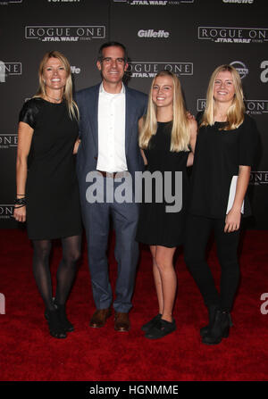 Eric Garcetti, Amy Wakeland and Maya Juanita Garcetti attending the premiere of Walt Disney Pictures and Lucasfilm's 'Rogue One: A Star Wars Story' at the Pantages Theatre in Hollywood, California.  Featuring: Eric Garcetti, Amy Wakeland, Maya Juanita Gar Stock Photo