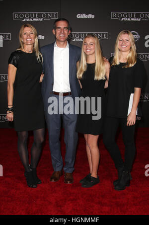 Eric Garcetti, Amy Wakeland and Maya Juanita Garcetti attending the premiere of Walt Disney Pictures and Lucasfilm's 'Rogue One: A Star Wars Story' at the Pantages Theatre in Hollywood, California.  Featuring: Eric Garcetti, Amy Wakeland, Maya Juanita Gar Stock Photo