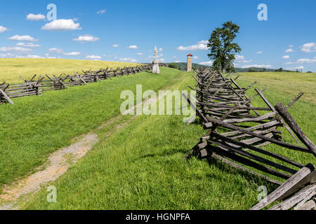 Antietam Battlefield, Maryland.  Sunken Road (Bloody Lane).  Observation Tower in Background. Stock Photo