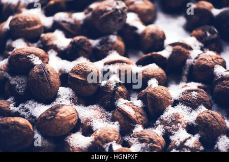 Pile of walnut shells in snow, winter season abstract, selective focus Stock Photo