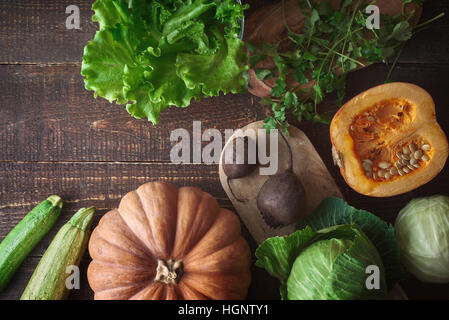 Vegetable mix on the old wooden table top view Stock Photo
