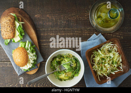 Set of healthy snacks on the wooden table top view Stock Photo
