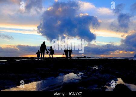 very, low tide, sunset, people, beach, Compton Bay, Isle of Wight, England, UK Stock Photo