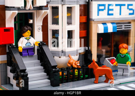 Tambov, Russian Federation - January 04, 2017 Lego street with house and pets shop. Stock Photo