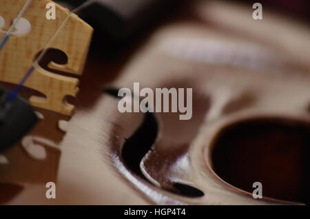 Close-up violin body with light brown bridge reflecting on brown shiny wooden violin Stock Photo