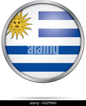 Uruguay flag glass button style with metal frame. Vector Uruguayan flag button. Stock Vector