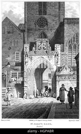 An engraving of St John's Gate, Bristol scanned at high resolution from a book printed in 1816. Believed copyright free. Stock Photo