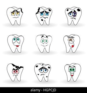 Set of nine funny cartoon teeth with various face, color vector illustrations Stock Vector