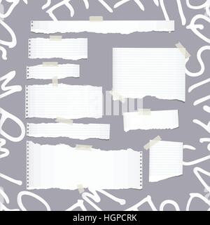 Ripped white ruled note, notebook, copybook paper sheets, strips on pattern created of alphabet letters Stock Vector
