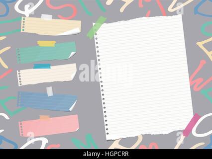 Ripped white ruled note, notebook, copybook paper sheets, strips on pattern created of alphabet letters Stock Vector