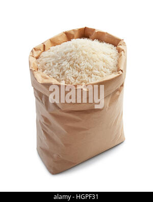 white rice in paper bag isolated on white Stock Photo