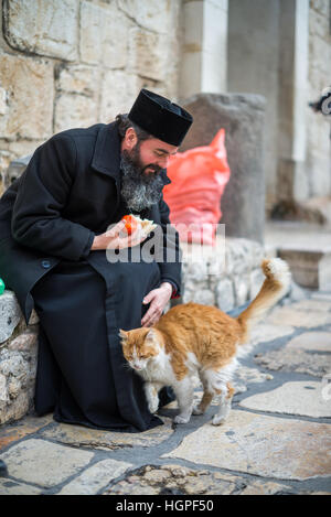 Pilgrim and cat in front of Holy Sepulcher church, Jerusalem, Israel. Stock Photo