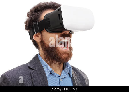 Amazed bearded man wearing virtual reality goggles isolated on white background Stock Photo