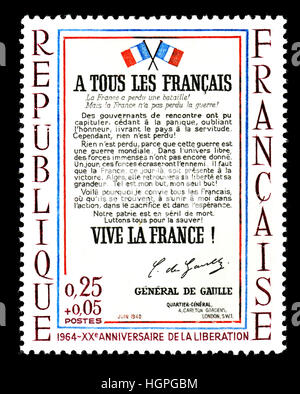 French postage stamp (1964) : Resume of a radio broadcast by General de Gaulle from London, 18th June 1940, summarised and distributed on posters... Stock Photo