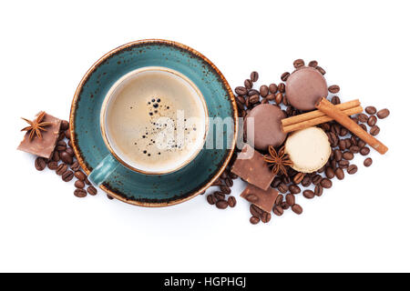 Coffee cup, beans, chocolate, macaroons. Isolated on white background. Top view Stock Photo