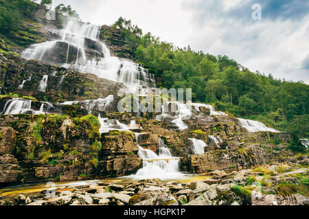 Waterfall Tvindefossen Is Largest And Highest Waterfall Of Norway, Its Height Is 152 M. Famous Natural Landmark Stock Photo