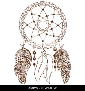 Hand drawn Native American Indian talisman colored dreamcatcher with feathers and moon. Vector hipster illustration isolated on white. Ethnic design,  Stock Vector