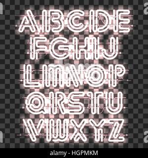 Glowing White Neon Alphabet with letters from A to Z. Shining and glowing neon effect. Every letter is separate unit with wires, tubes, brackets and h Stock Vector