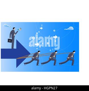 Boss business concept. Three confident businessmen in suits pull big arrow with one more businessman on top of it with case and loudspeaker. Team, tea Stock Vector