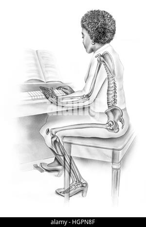 Women's Anatomy in Everyday Life - Skeletal Structure of Woman Playing Piano. Shown are the ankle, knee, wrist, elbow, and shoulder joints within an o Stock Photo