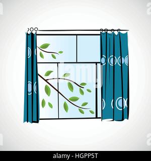 Window with curtains on a bright background Stock Vector