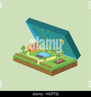 Vector piece of land and sky with objects Stock Vector