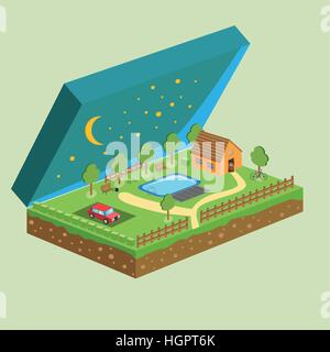 Vector piece of land and sky with objects Stock Vector