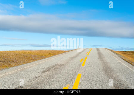 Empty asphalt road in level ground with yellow road markings and blue sky in the background Stock Photo