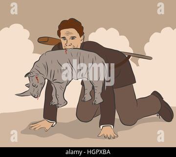 Vector illustration of a hunter in a suit holding a dead rhinoceros in his mouth like a cat Stock Vector