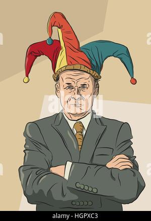 Vector illustration of a serious businessman wearing a jester hat but not sharing the joke Stock Vector