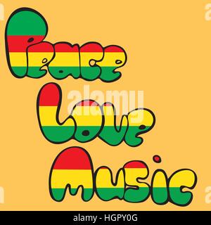 Design of Peace, Love and Music in bubble style in green, yellow and red colors. Stock Vector