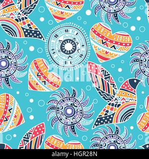 seamless pattern with bird and heart in the style of boho Stock Vector