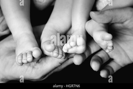 Little Baby Twins Feet in parents hands. Parenthood, family, twins, children and love concept. Stock Photo