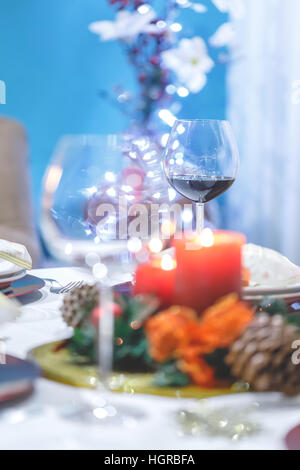 Close up of Festive dinner setting for the holidays. Selective focus Stock Photo